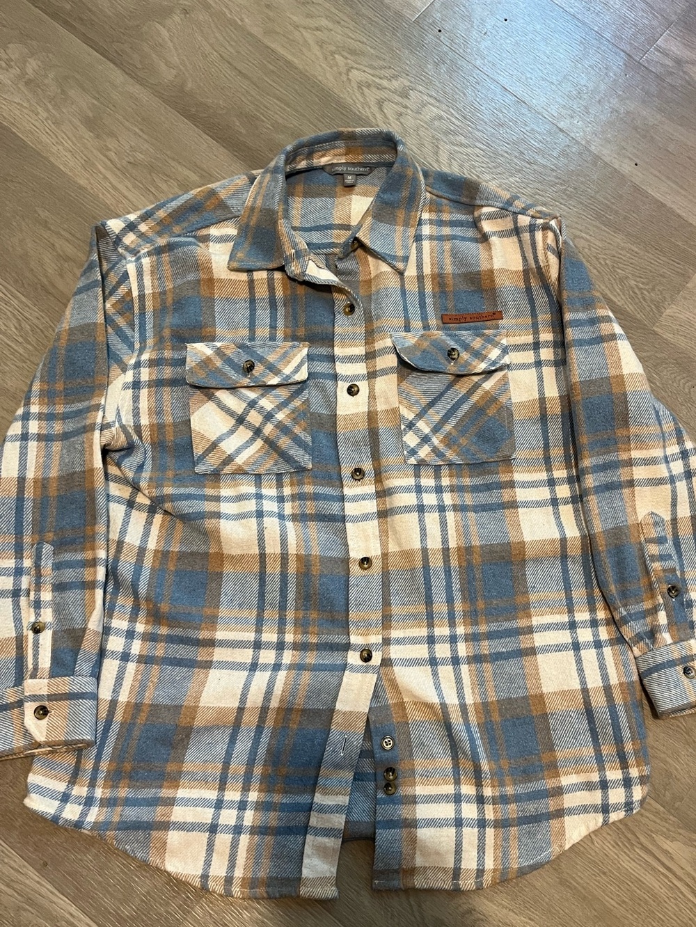 Simply Southern Men's Blue and Tan Plaid Flannel Shirt